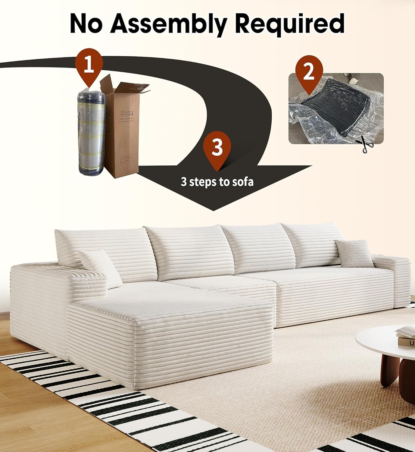 136" Sectional Couches for Living Room Modern Modular Sofa with L-Shape Couchs Upholstered Boneless Couch Deep Seat Sectional Couch with Chaise (White, Left Facing Chaise+3Seaters)