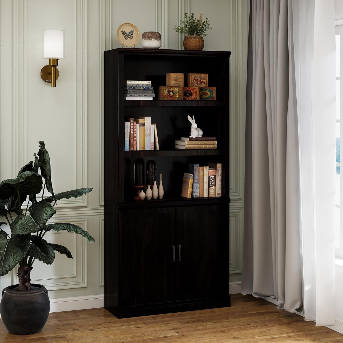 70 Inch Tall Bookcase with Doors, Library Office Bookshelf with Adjustable Shelves, Floor Standing Storage Cabinet for Bedroom Living Room Organizer with Anti Tipping Kit, Dark Cherry Finish