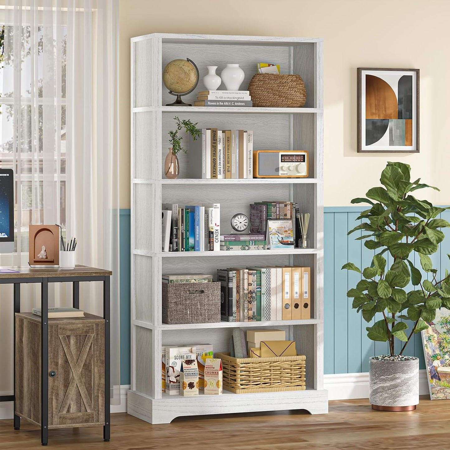 TVU 5-Shelf Wood Bookcase, 65 Inch Tall Bookshelf with Storage, Floor Standing Display Book Shelf,for Living Room Bedroom Study Office,Antique White