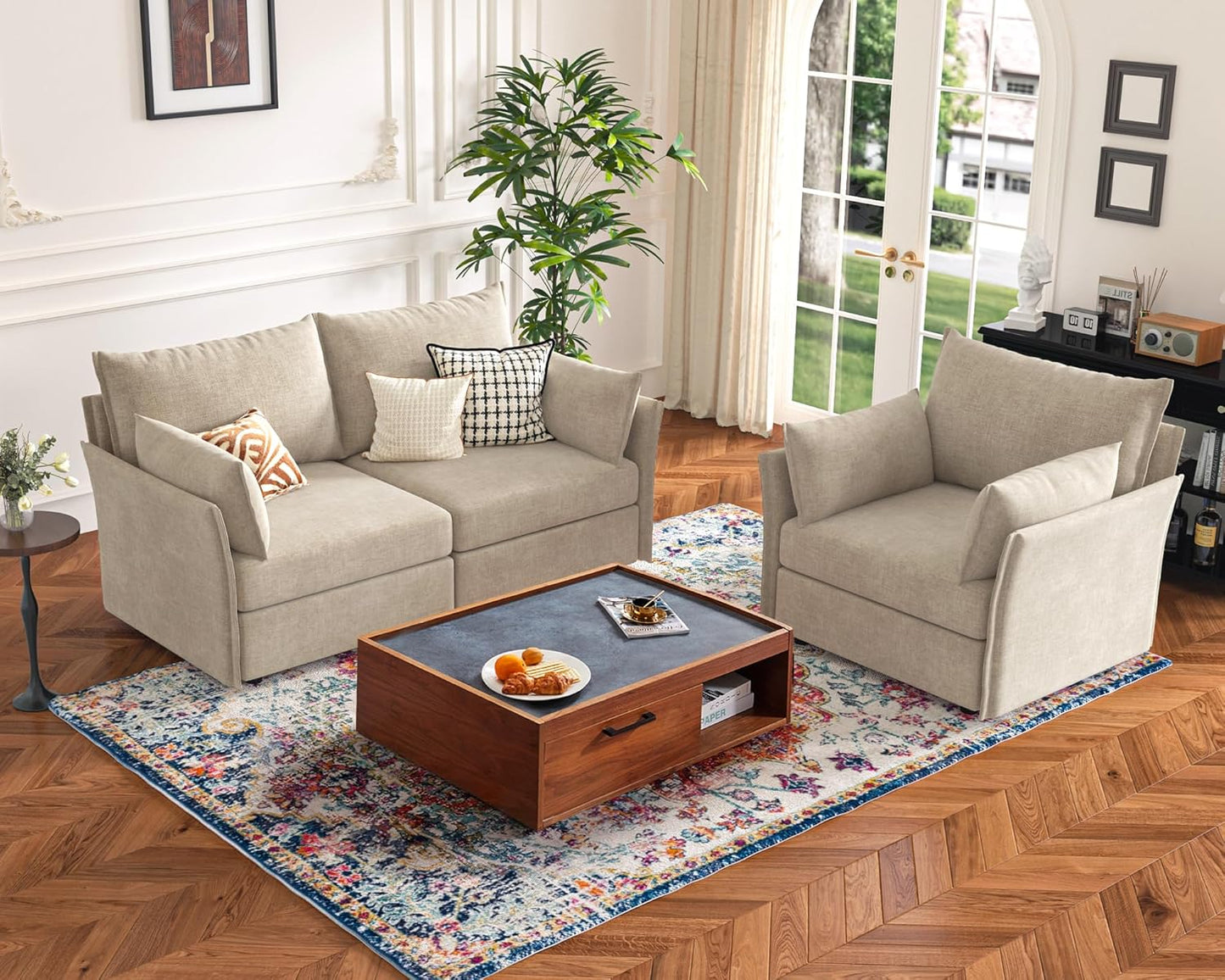 Oversized Loveseat Sofa, Modern Modular Sectional Couch Beige Fluffy Chenille Mid Century 2-Seat 24.5" Deep Seat for Apartment, Living Room, Bedroom