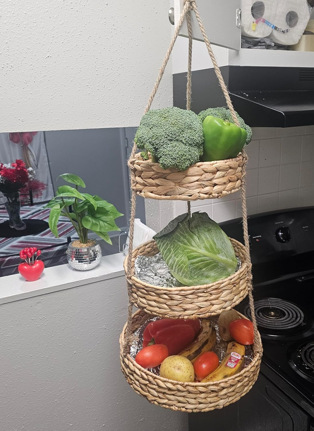 Generic HANFRUBASK - Hanging Fruit Basket Set of 3, Woven Water Hyacinth, Round, Beige, Rustic, Kitchen Storage & Organization