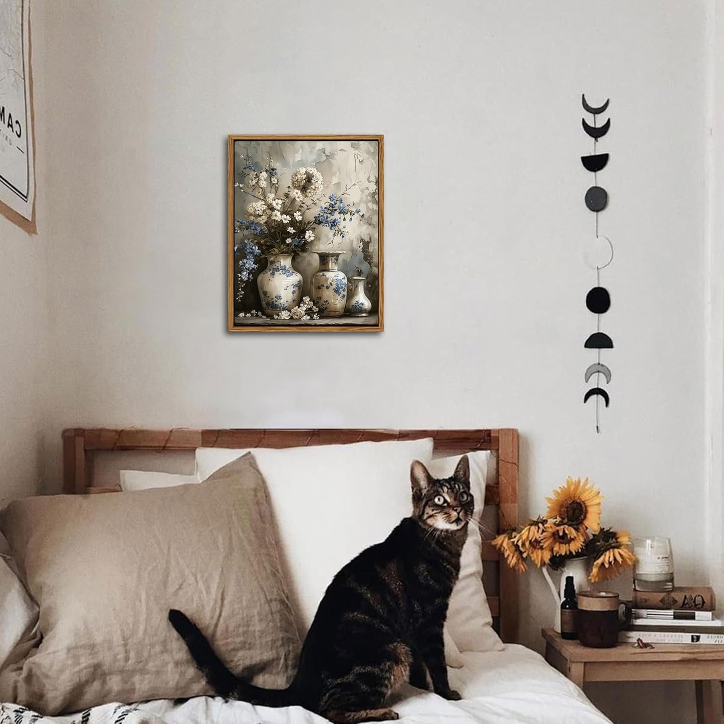 Floating Framed Farmhouse Floral Canvas Wall Art, Vintage Blue and White Flower Pictures Wall Decor, Elegant Art Jar Posters Print for Living Room Bedroom Bathroom Rustic Decor 8x10 inch