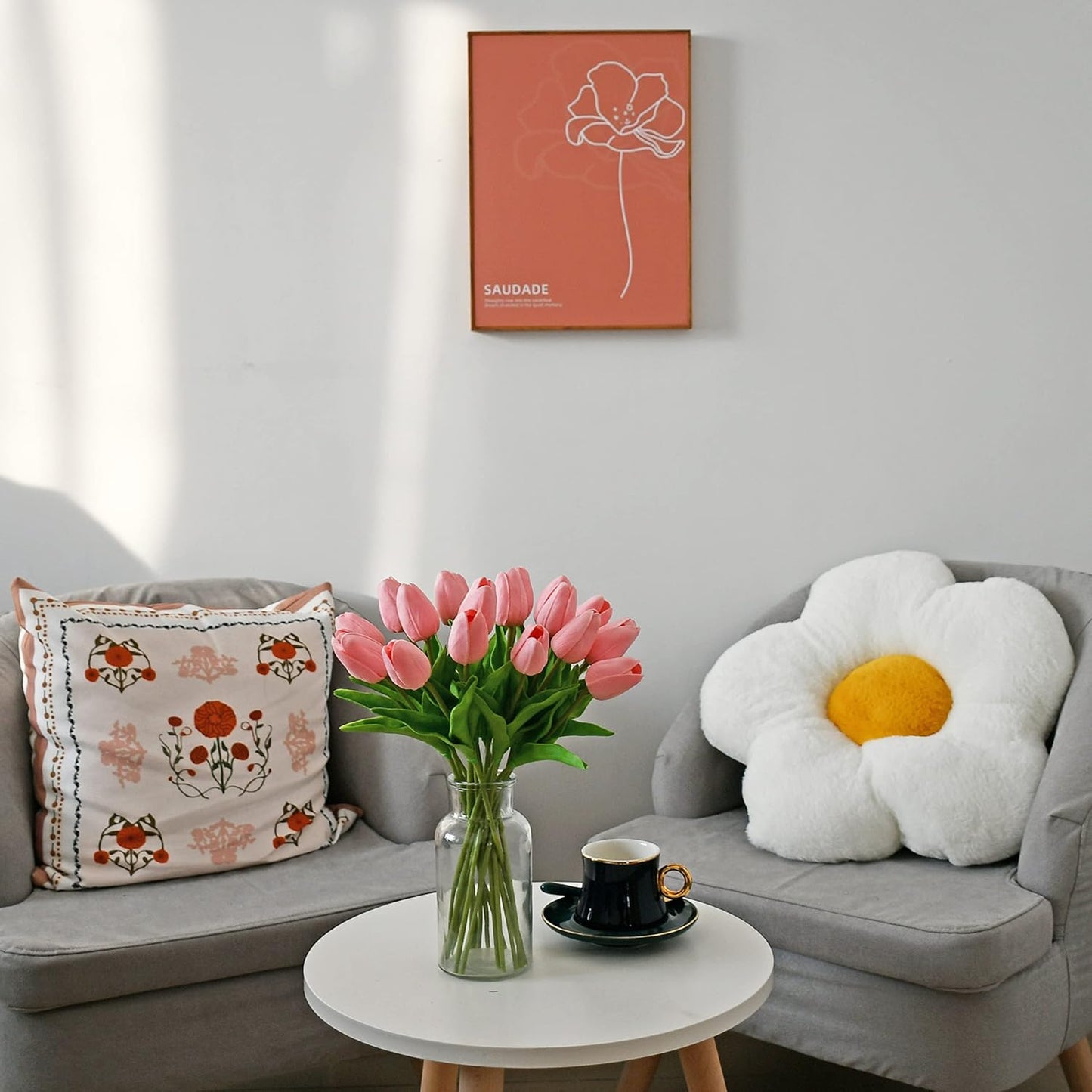 Mandy's Artificial Tulips 20 Stems Light Pink PU Faux Flowers for Wedding Home Decor 13.5 Inch