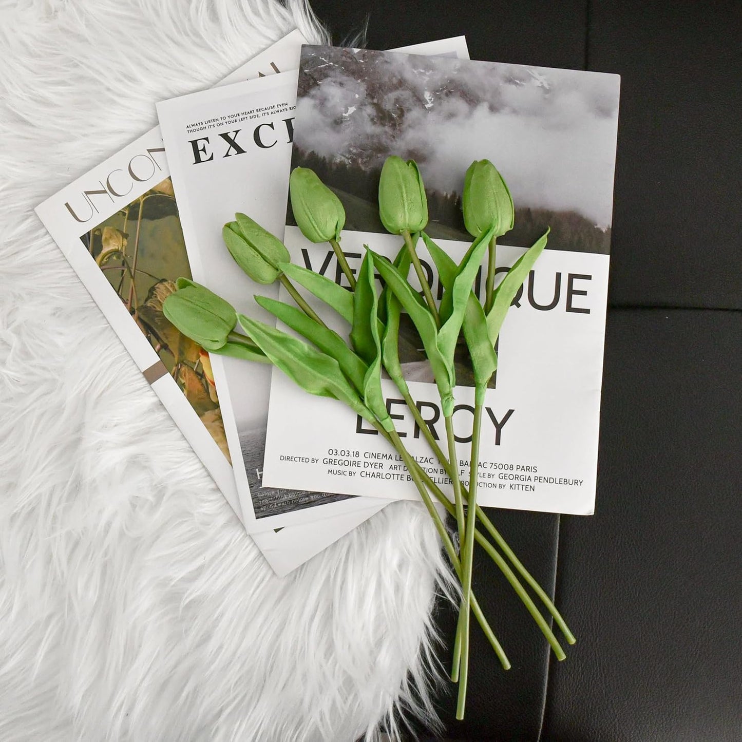 Mandy's Artificial Tulips 20 Stems Green PU Faux Flowers for Wedding Home Decor 13.5 Inch