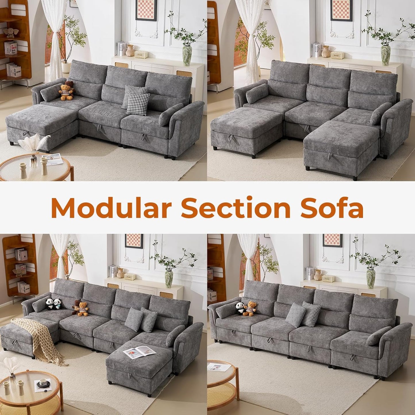 132'' Oversized Modular Sectional Sofa, U Shaped Comfy Sectional Couch with Large Storage, 6 Seat Chenille Deep Seat Cloud Sofa with 2 Throw Pillows for Living Room,Grey