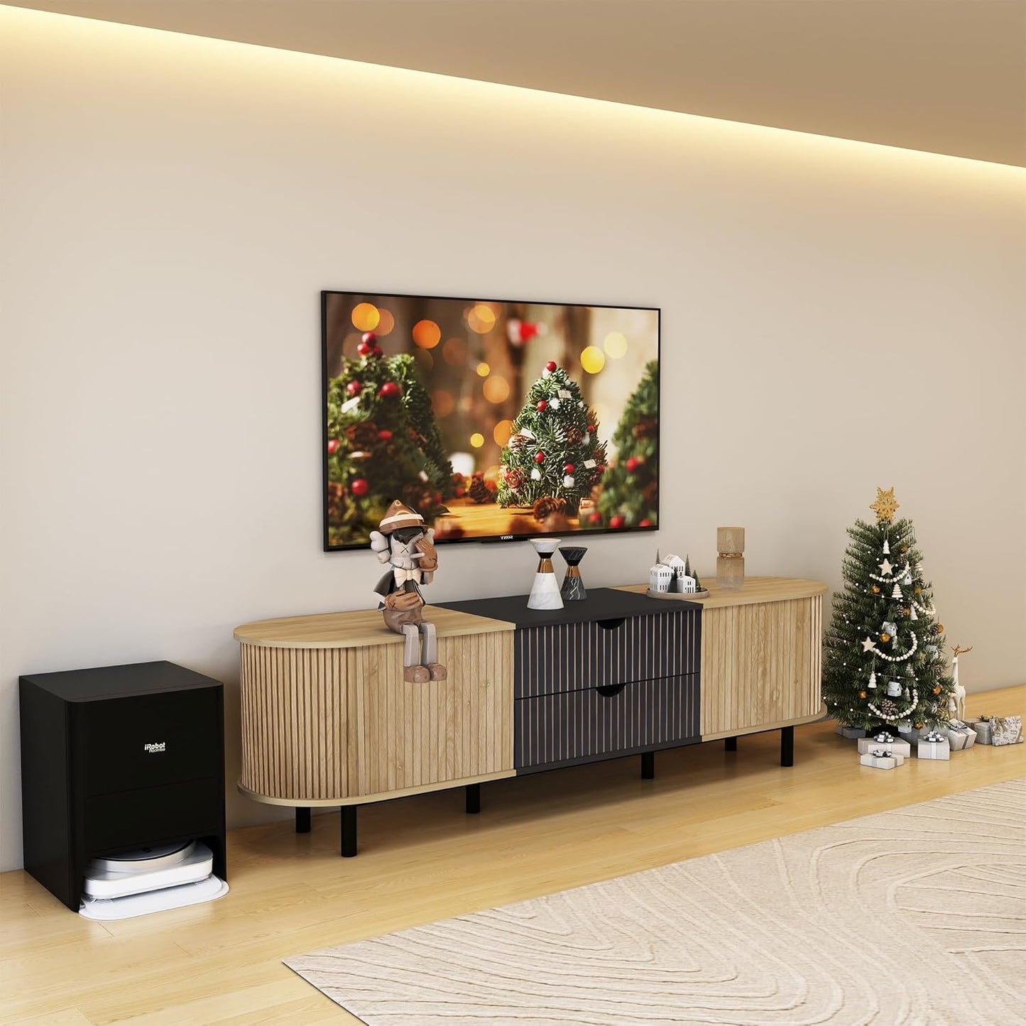 71" Tambour Door TV Stand,Wood Mid Century Modern TV Cabinet for Up to 85“ TV,Curved Edge Long TV Stand with Storage for Bedroom Living Room(Natural, 71inch)