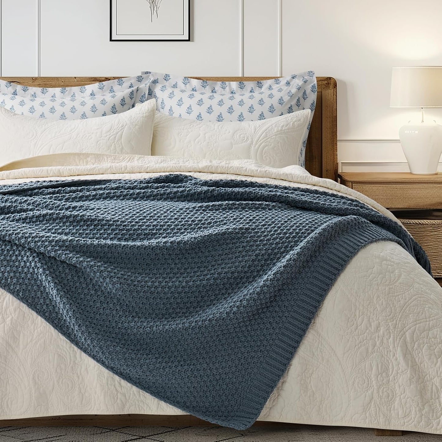 Chunky Chenille Knit Throw Blanket for Couch, Soft Luxurious Moss Stitch Blankets for Bed, Cozy Decorative Farmhouse Knitted Throws for Sofa, Stormy Blue, 50" x 60"