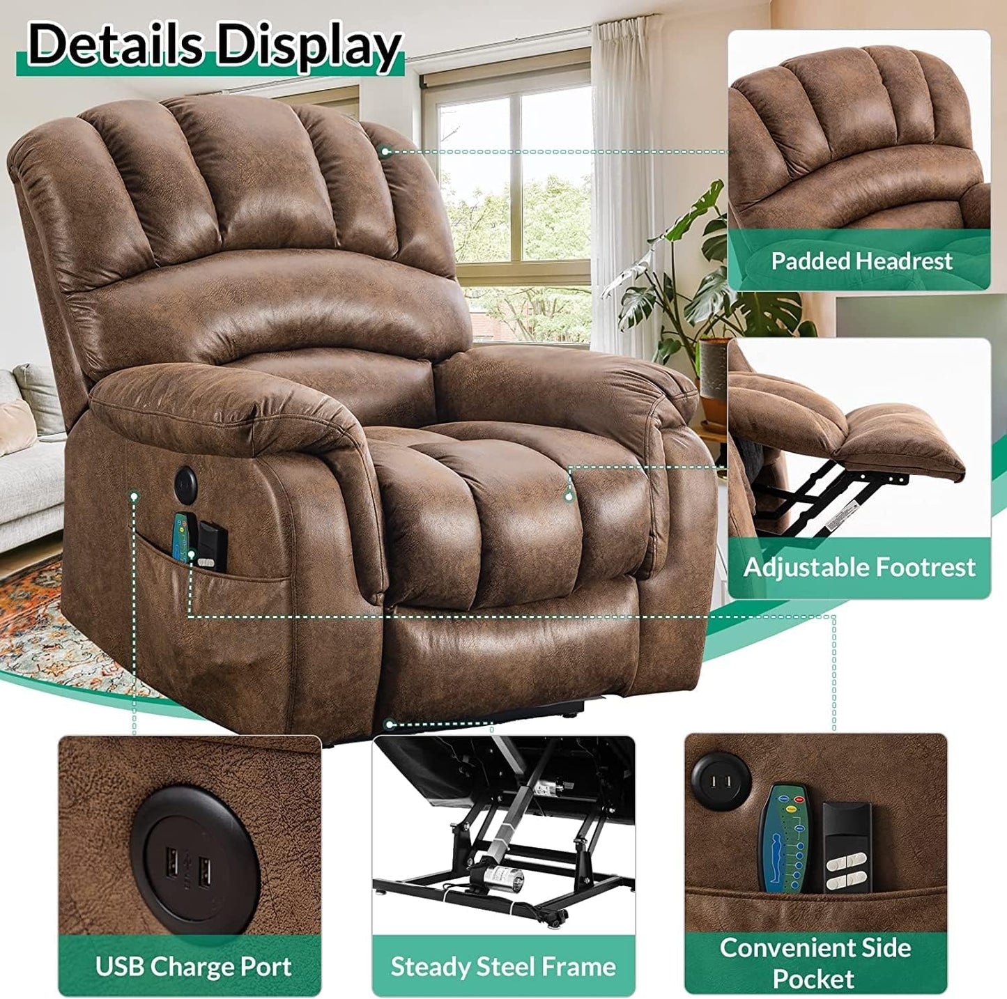 VIVIJASON Large Dual OKIN Motor Power Lift Recliner Chair for Elderly Big Man, 180° Lay Flat Electric Recliner with Heat & Massage, Infinite Position, 2 Remote Controls, Side Pockets & USB Port, Brown