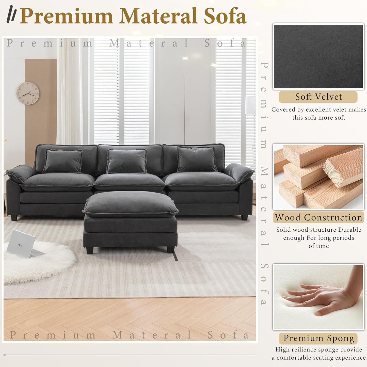 URRED Modular Sectional Sofa Comfy Cloud Couch, Modern Velvet Sofa Sleeper Deep Seat Couches with Ottoman/Pillows for Living Room (Dark Gray, 117''- L Shape)