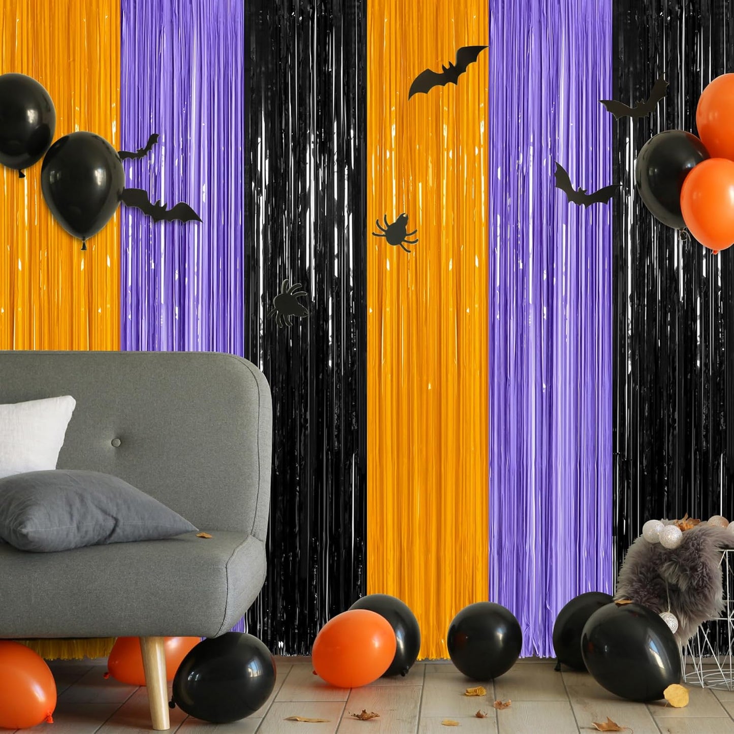 12 Pack Halloween Decor, 3.28 FT x 7.05 FT Orange Purple Black Fringe Curtains, Funny Wall Backdrop Photo Booth Backdrop Party Streamer, Halloween Foil Decorations Photo Booth Props
