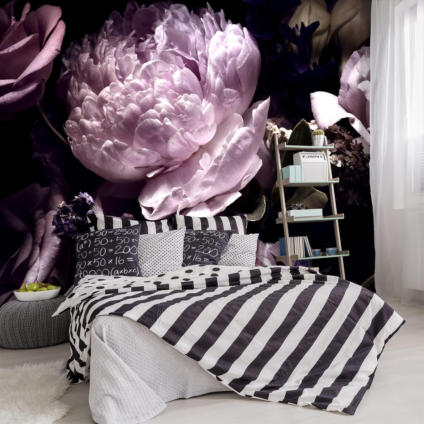 -Black Peony Purple Floral Botanical Fabric Wallpaper Living Room Bedroom Bathroom Dark Flowers Large Wall Mural- 183"x120"( not Peel and Stick)