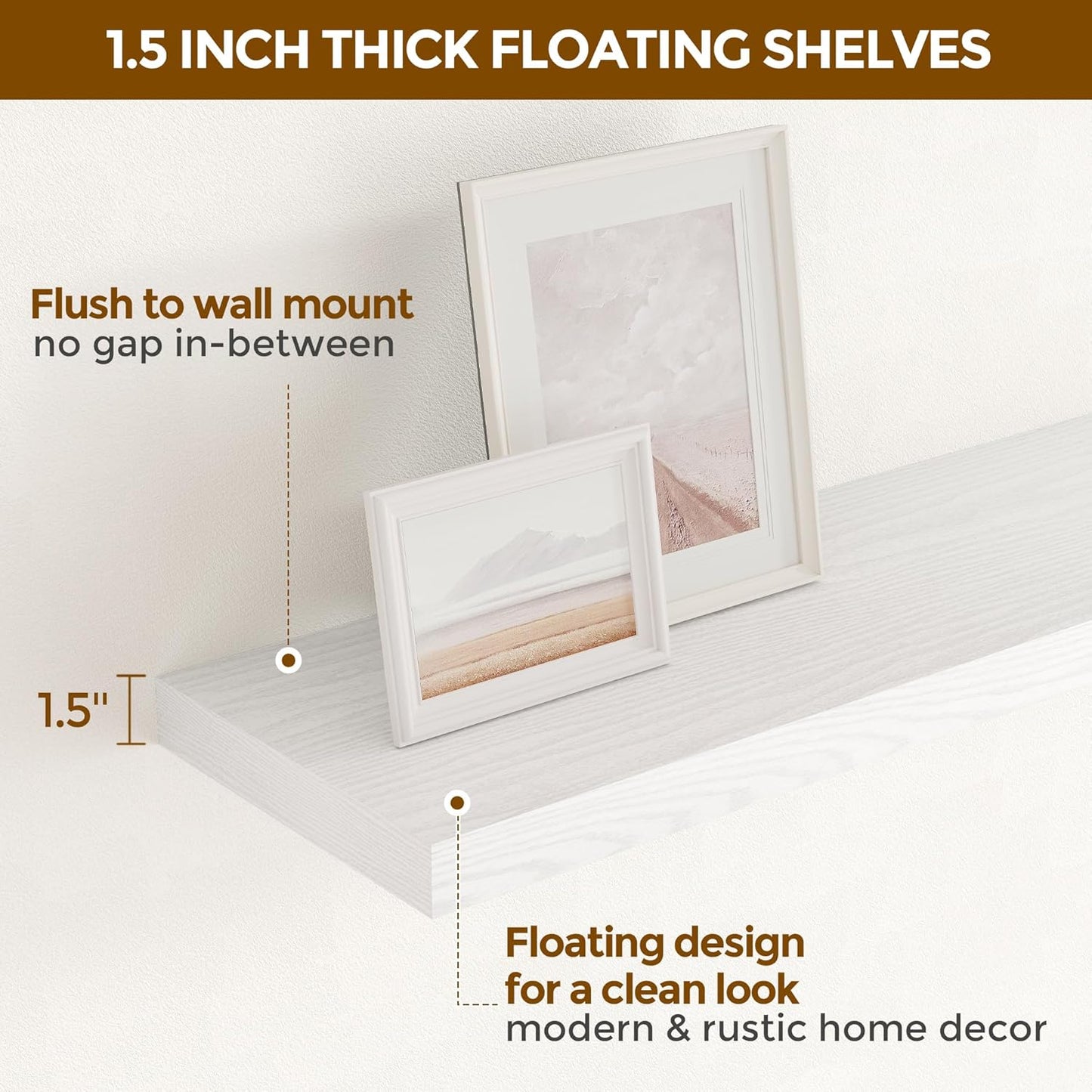 Fun Memories White Floating Shelves 16 Inch Long, 9 Inch Deep Wall Shelf for Bathroom, 16 x 9 Floating Shelf for Living Room, Bedroom, Kitchen, Rustic Wood Shelves for Wall, Set of 2