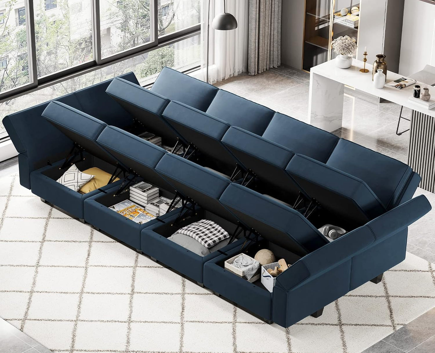 Belffin Modular Sectional Sofa with Storage Chaises Sectional Sleeper Sofa Couch 8 Seat Sectional Bed Blue