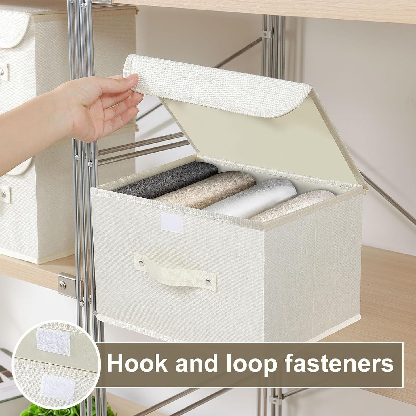 Storage Boxes, Collapsible Storage Bins with Lids, Cotton and linen cloth Storage Baskets with Handle, for Books, Closet, Bedroom, Home, 10.2x7.9x6.7 in, Beige