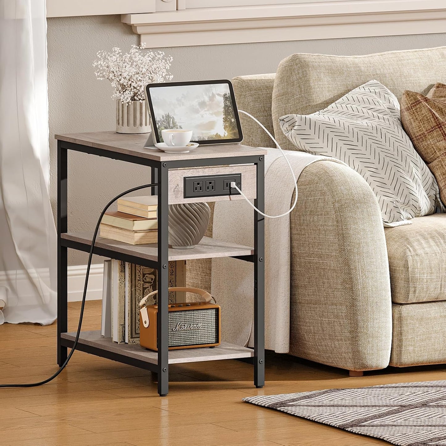 HOOBRO End Table with Charging Station, Simple Rustic Side Table with 3-Tier Storage Shelf, Narrow Nightstand for Small Spaces, for Living Room, Industrial Design, Greige and Black BG149UBZ01