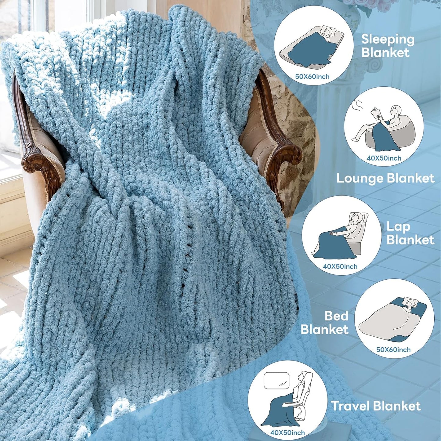 Chunky Knit Blanket - Luxury Soft Cozy 50 * 60 Throw Blanket,100% Woven Blanket Rope Knot Throw Blanket for Couch, Sofa, Home Decor, Gift - Machine Washable(Light Blue)