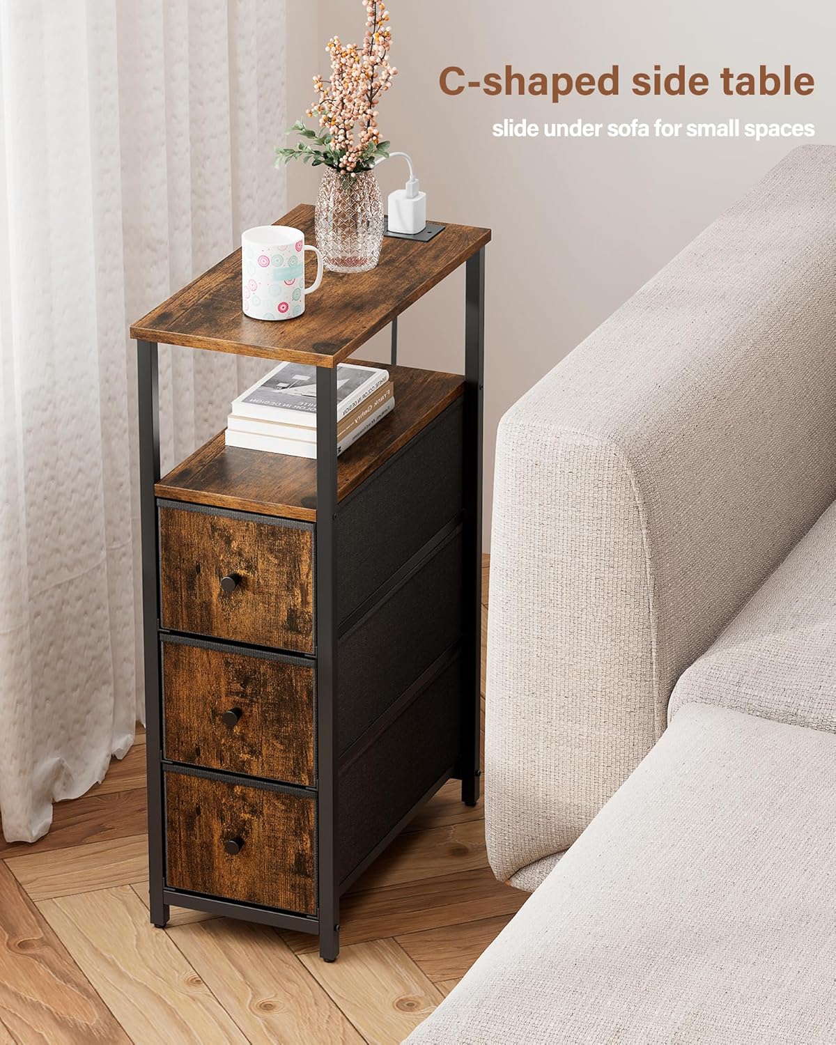 TUTOTAK Narrow Night Stand with Charging Station, Slim End Table with Plugins, Tall Side Table with 3 Fabric Drawer, Small Bedside Table with Storage, Set of 2, Living Room, Bedroom, Brown TB01BB073