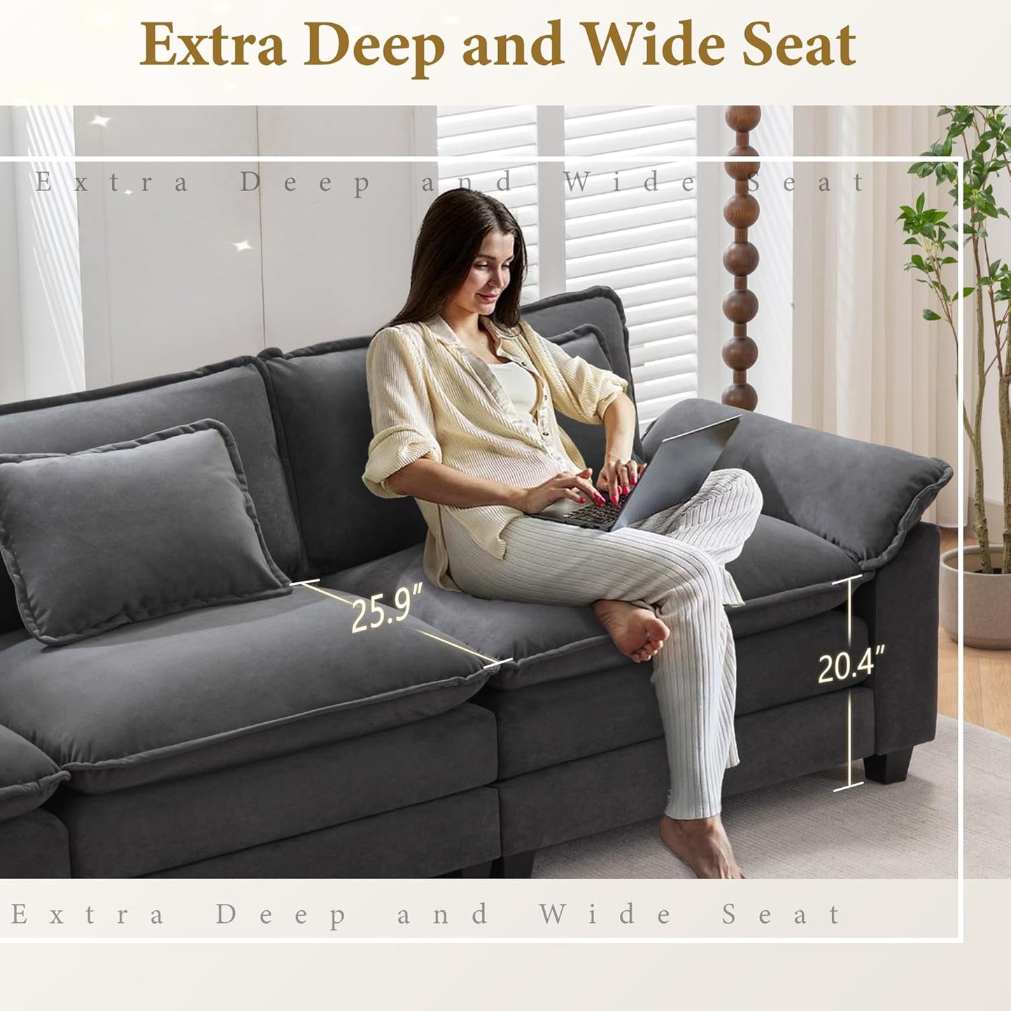 URRED Modular Sectional Sofa Comfy Cloud Couch, Modern Velvet Sofa Sleeper Deep Seat Couches with Ottoman/Pillows for Living Room (Dark Gray, 117'')