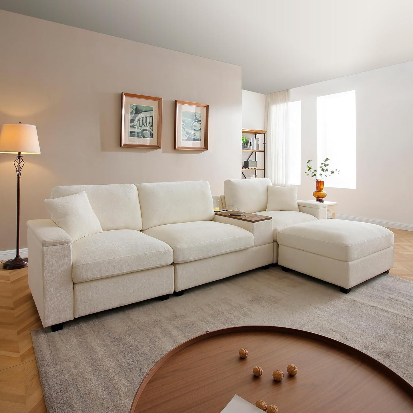 120.3" Modern L-Shaped Sectional Sofa with 360°Swivel Drop-Down Table, Storage Armrest, USB Ports & Movable Storage Ottoman – Plush Linen Cloud Couch for Lounge (Beige)