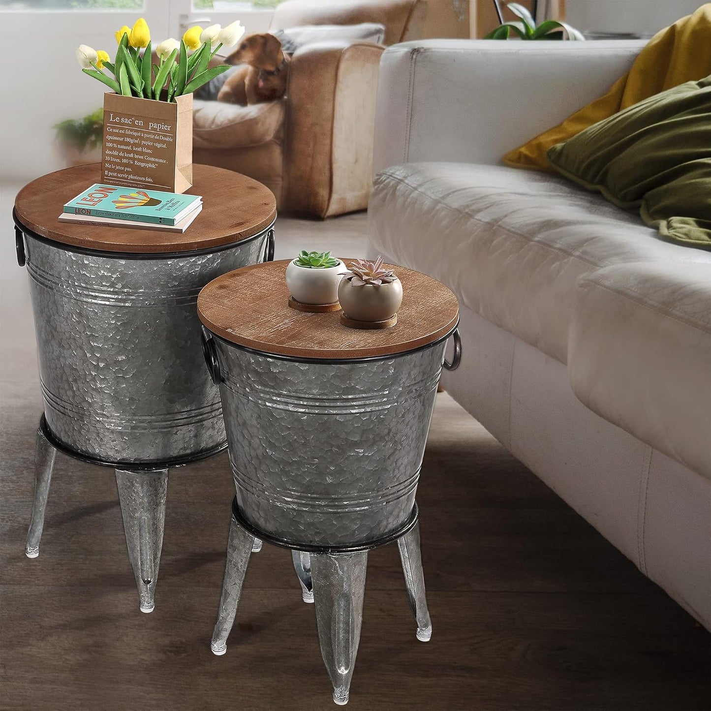 Rustee Rustic Storage Farmhouse Accent Side Table,Antique Galvanized Metal End Coffee Cocktail Table Box Bin with Round Wooden Lid Set of 2 (Galvanized),HC2009WT,One size
