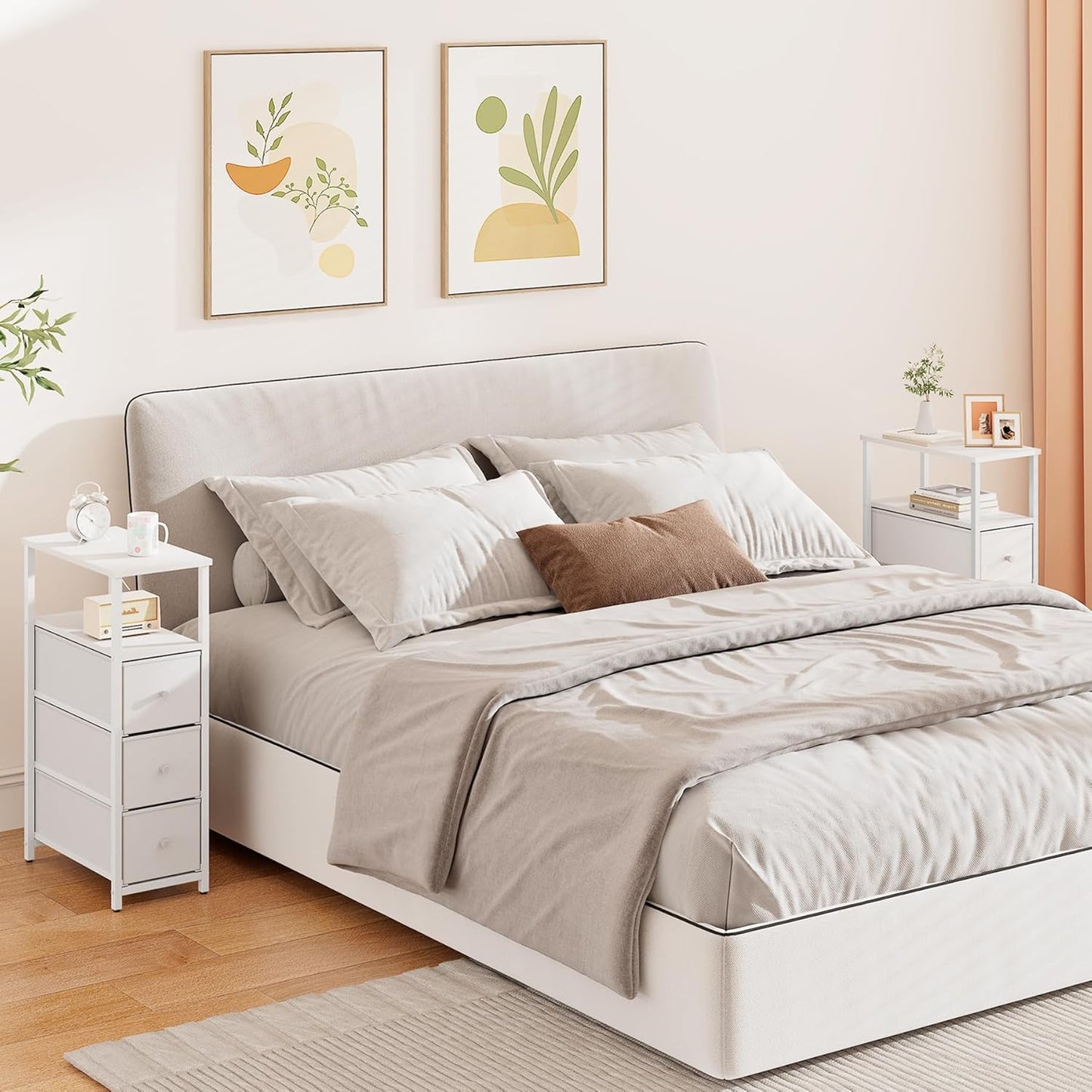 TUTOTAK Narrow Night Stand, Slim End Table, Tall Side Table with 3 Fabric Drawer, Small Bedside Table with Storage, Set of 2, for Living Room, Bedroom, White TB01BW072