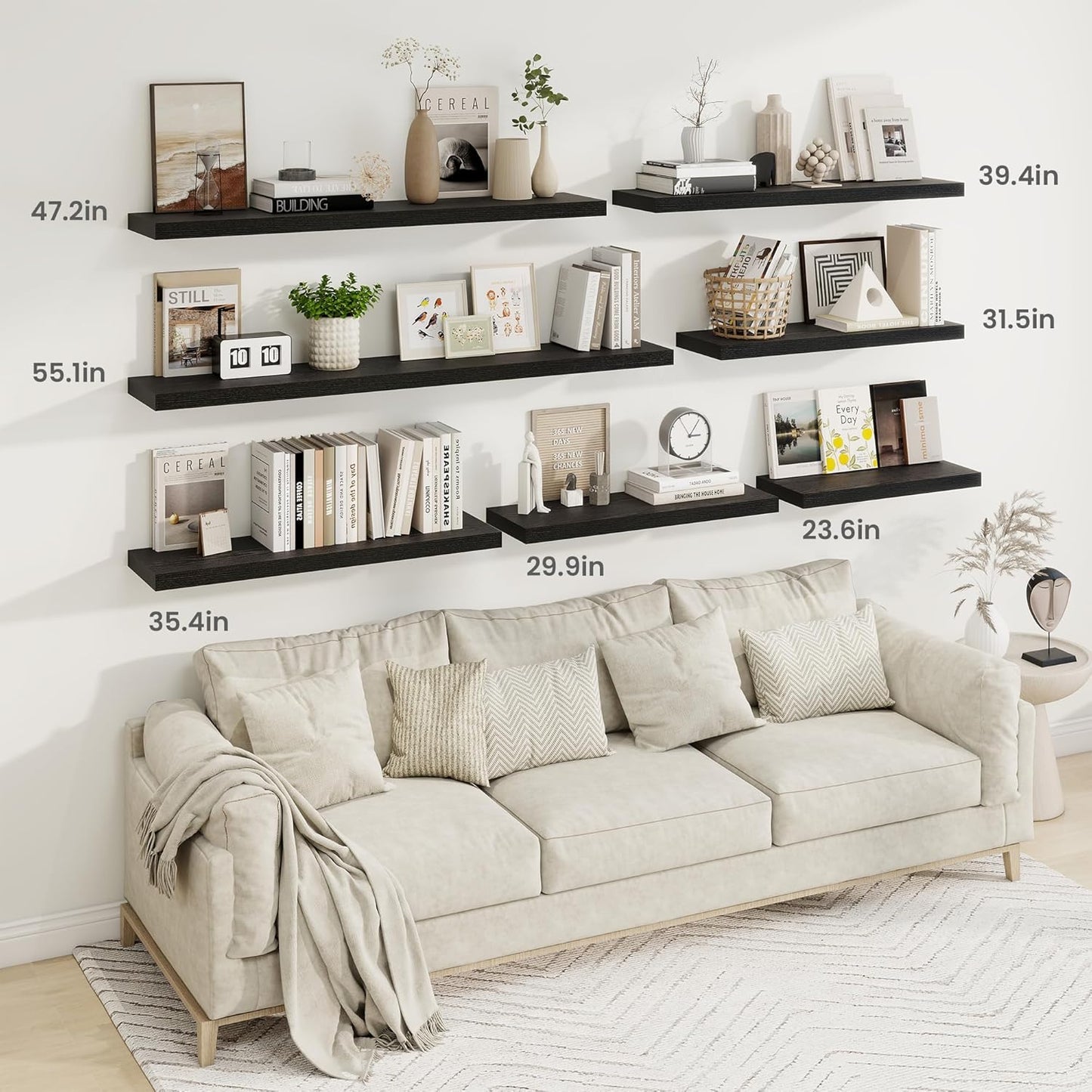 Fun Memories 55 Inch Fireplace Mantel Shelf -Long Floating Shelves, Deep Wall Mounted Farmhouse Display Shelves with Invisible Heavy Duty Metal Bracket, Black, 2 Pack