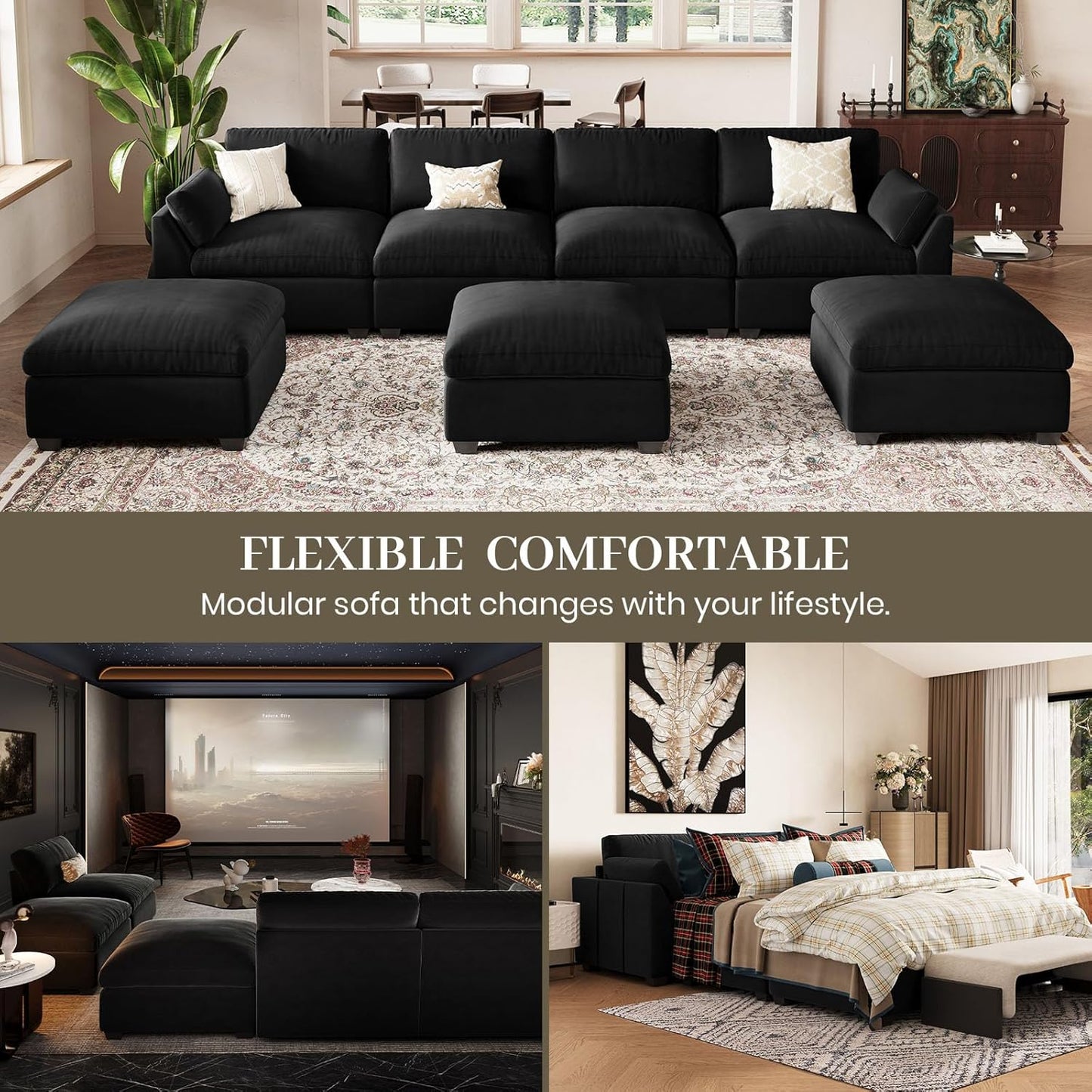 Belffin Sectional Couches for Living Room,106.3" 6-Seater Sleeper Sofa Bed,Extra Deep Seat Velvet Cloud Couch with Ottoman,Modular Sectional Sofa with Washable Covers,Black