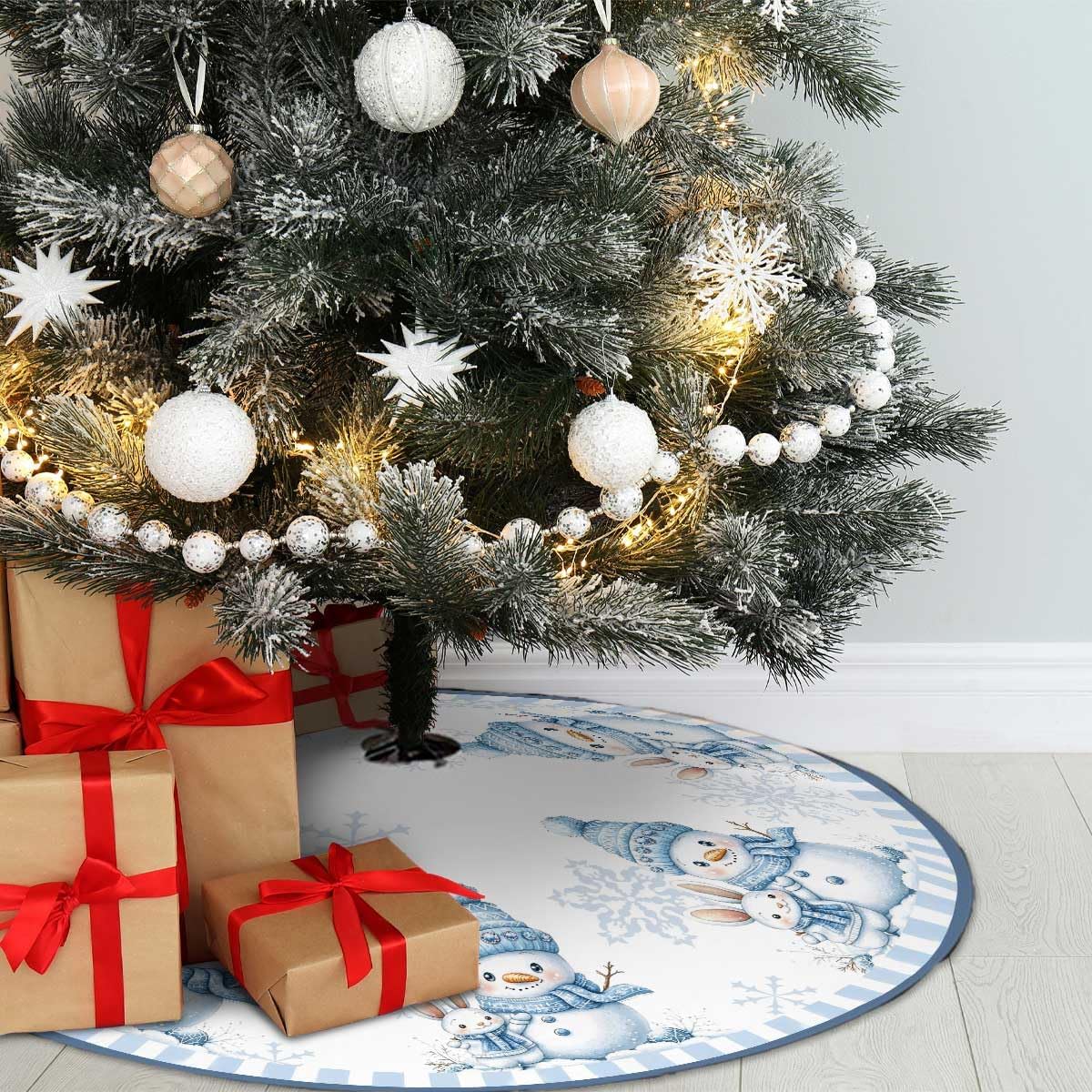 Christmas Tree Skirt 36 inches Blue Snowman Christmas Tree Skirt Mat Farmhouse Xmas Ornaments Decorations for Christmas Holiday Party (Blue, 36in)