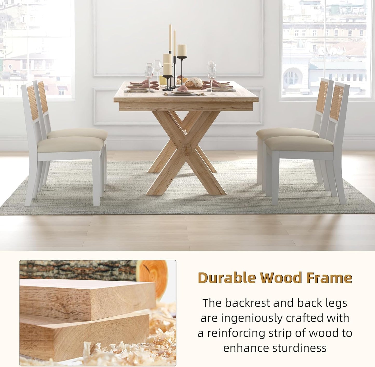 Westice Rattan Dining Chairs Set of 6, Farmhouse Natural Dining Room Chairs with Upholstered Cushion, Wood Armless Chairs for Kitchen/Restaurant, White