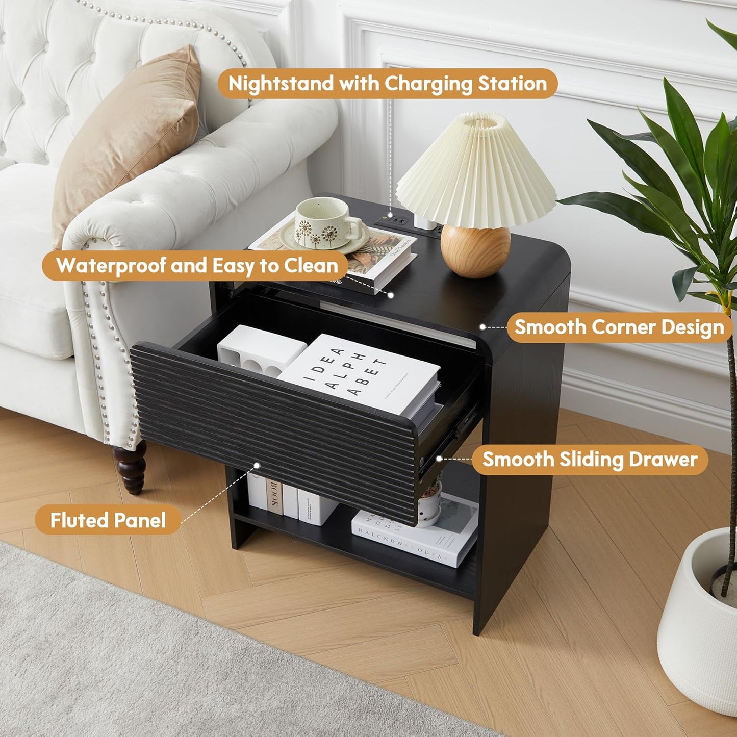 Fluted Nightstand with Charging Station, Mid Century Modern Bed Side Table End Table with Drawer Storage, Large Wooden Night Stands Bedside for Bedroom Living Room Sofa Office, Black
