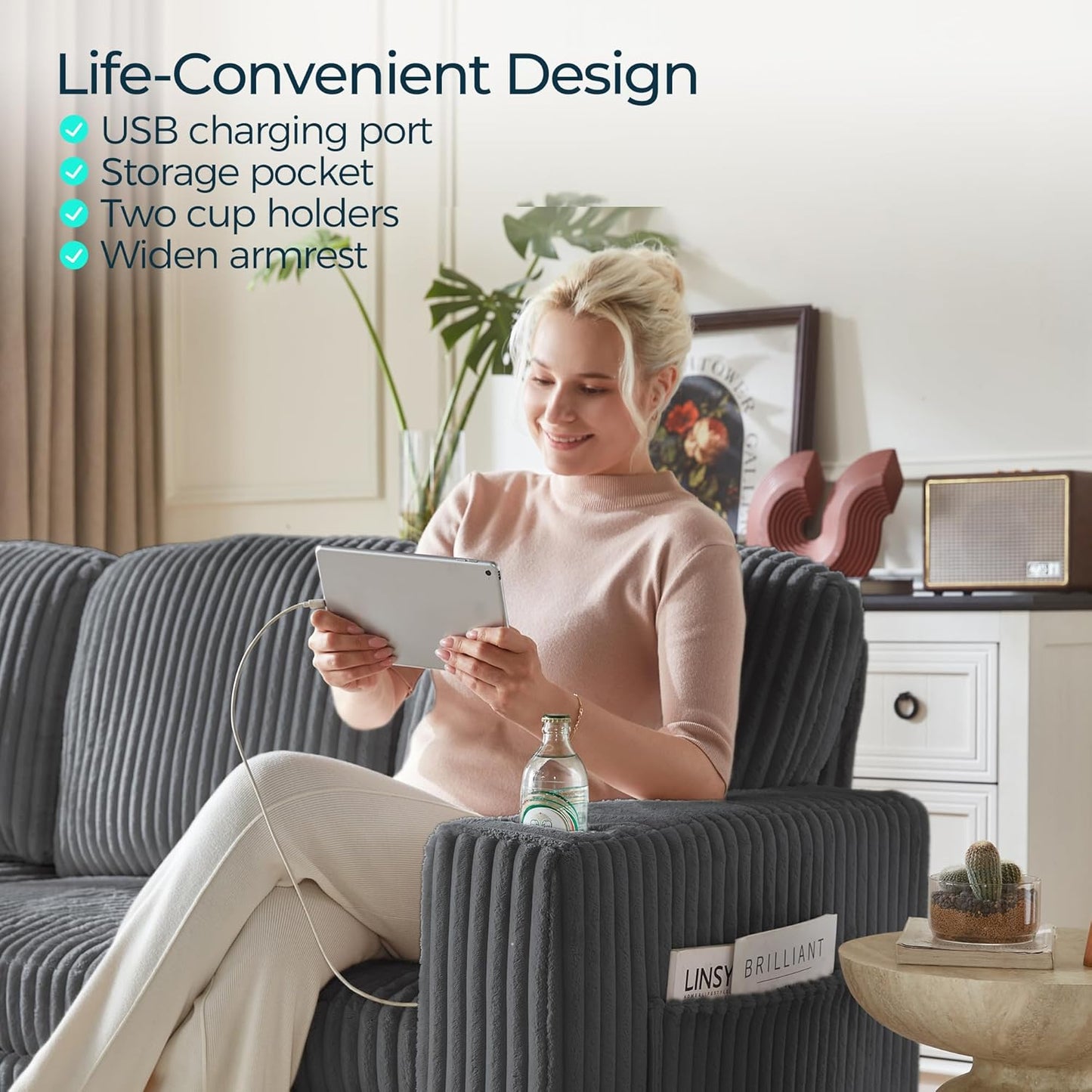 LINSY HOME Loveseat Sofa with Storage - Comfy Plush Corduroy 2 Seater Sofa with USB Charging & Cup Holders, Deep Seat Love Seat for Small Spaces Living Room Bedroom Apartment, Grey