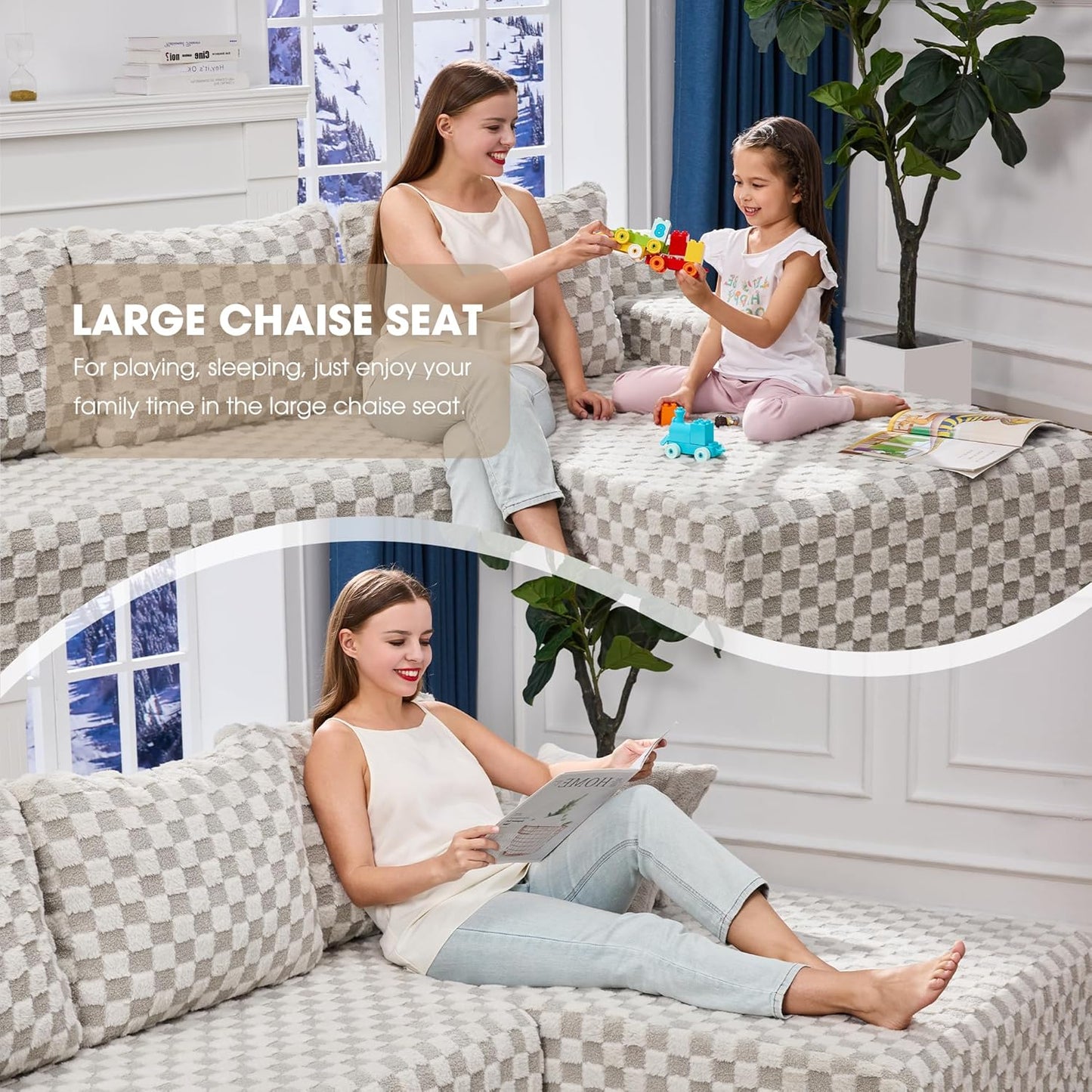 Hobestluk 96“ Modular Sectional Sofa Couches L-Shape Couch 3 Seat Modular Sofa Sectional Couches for Living Room, Cloud Couch with Oversized Chaise (Greygreen, Checked (Right Facing Chaise))