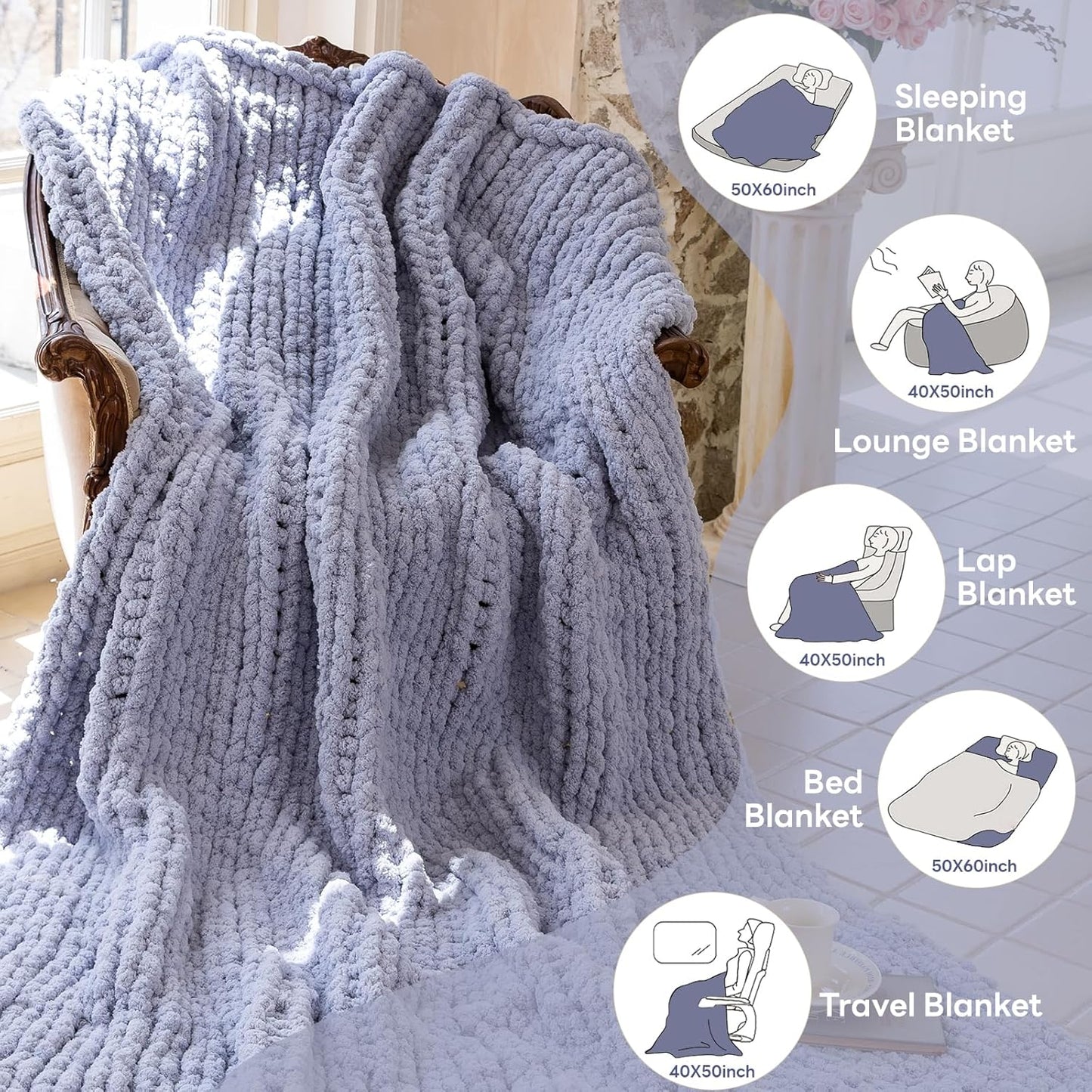 Chunky Knit Blanket - Luxury Soft Cozy 40 * 50 Throw Blanket,100% Woven Blanket Rope Knot Throw Blanket for Couch, Sofa, Home Decor, Gift - Machine Washable(Grey)