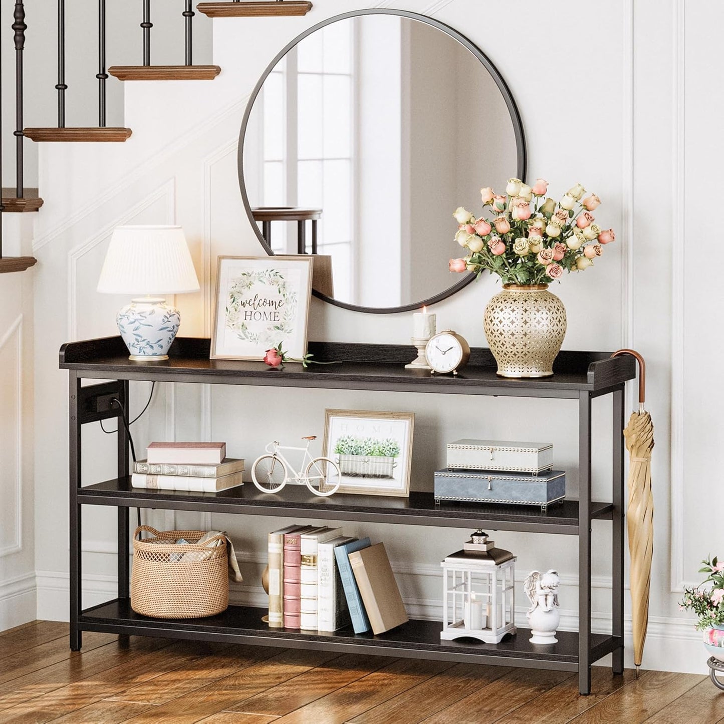 IRONCK Console Table, Sofa Table with Power Outlet, Farmhouse Hallway Table for Entryway, Living Room, Height Adjustable, Easy Assembly, Vintage Black,55"