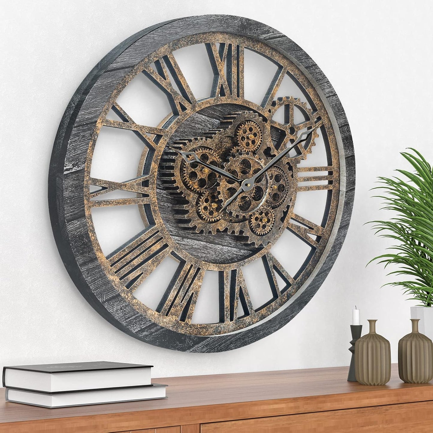 HOIBAI Large Wall Clock, Wall Clocks for Living Room Decor 20 Inch Farmhouse Vintage Rustic Kitchen Wall Decor Vintage Roman Oversized Wall Clock for Home Bedroom House Office, Moving Gears Clock