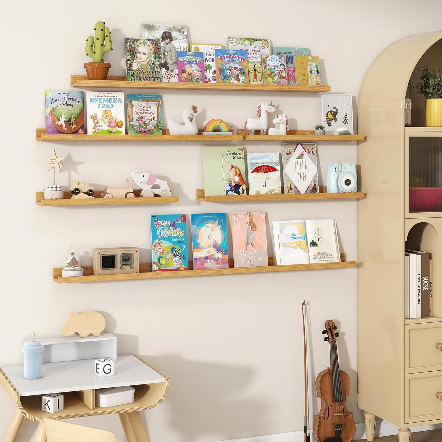 Fun Memories Picture Ledge Shelves Set of 2, 55 Inch Rustic Wall Mounted Floating Shelves with Lip for Home Storage and Décor in Bathroom, Kitchen, Nursery, Bedroom, Living Room, Oak