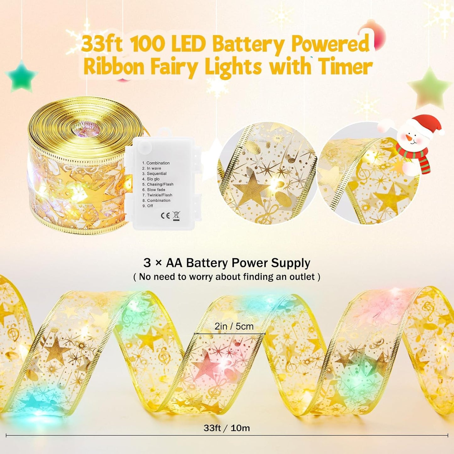 Christmas Tree Ribbon String Lights - 33ft 100 LED Battery Powered Fairy Lights with Timer and 8 Lighting Mode, Ribbon Bows Lights for 6ft - 8ft Christmas Tree New Year Decor, Gold Ribbon, Multi-color