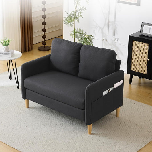 VINGLI 47" Small Couch, Linen Loveseat Sofa Black Mini Couch Mid Century Modern Decor Love Seat for Small Spaces Living Room, Bedroom, Play Room