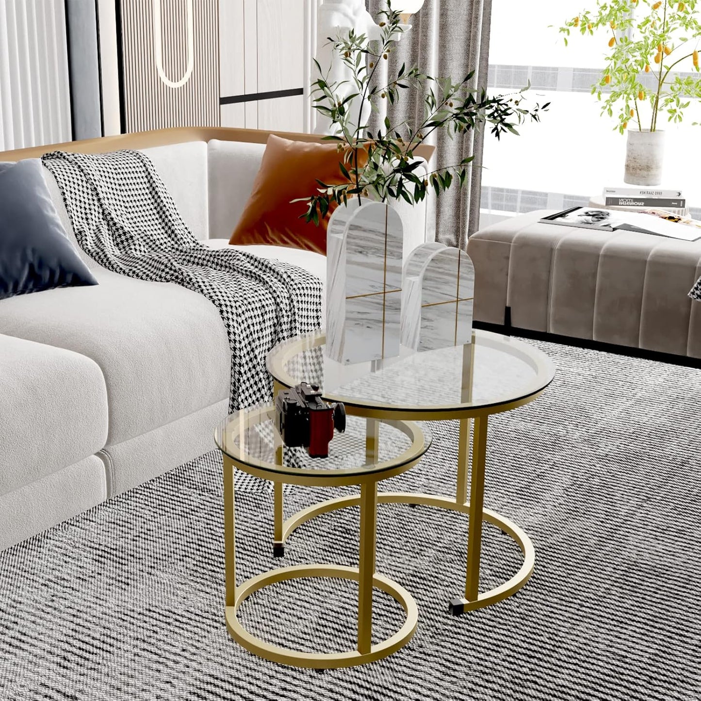 aboxoo Gold Nesting Coffee Table Set of 2, Small Glass Round Nesting Tables for Living Room Bedroom, Accent Tea Table with Metal Frame Modern Industrial Simple