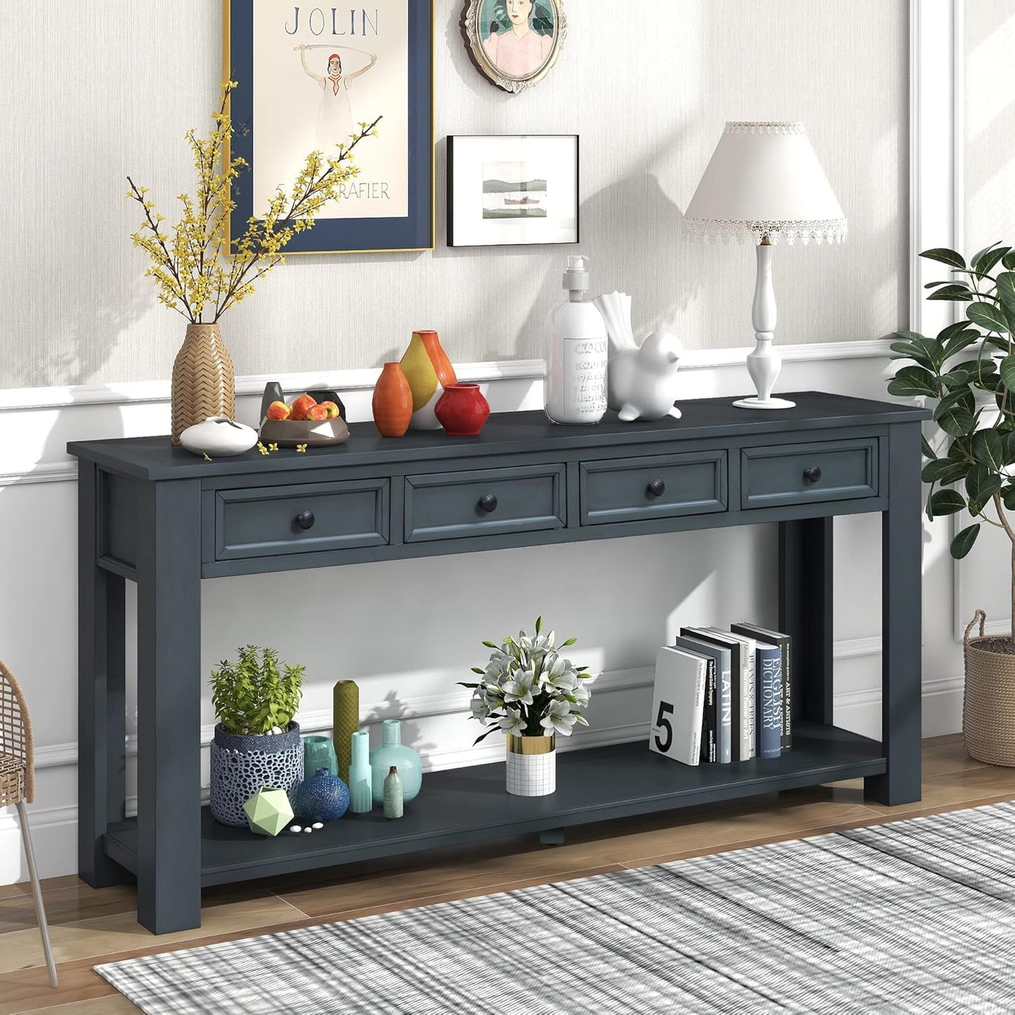 Solid Wood Console Table, Long Sofa Table Entryway Table with 4 Drawers and Bottom Shelf for Hallway Living Room Couch Table,Fully Assembled (63" Navy)