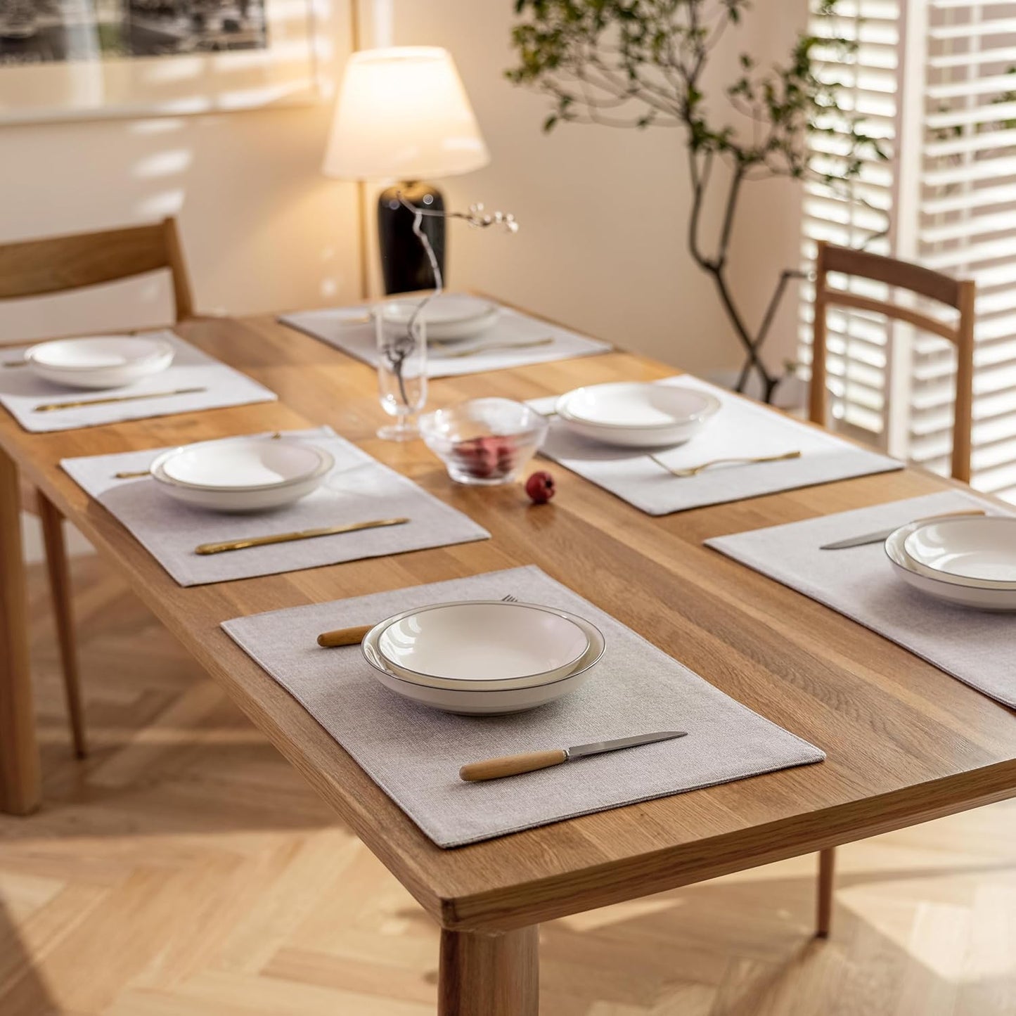 Demetex Gray Placemats Set of 6 Linen Heat Resistant Plate Mats Washable Place Mats for Buffet Dinner Party Decorations, 13 x 19 inches, Light Grey