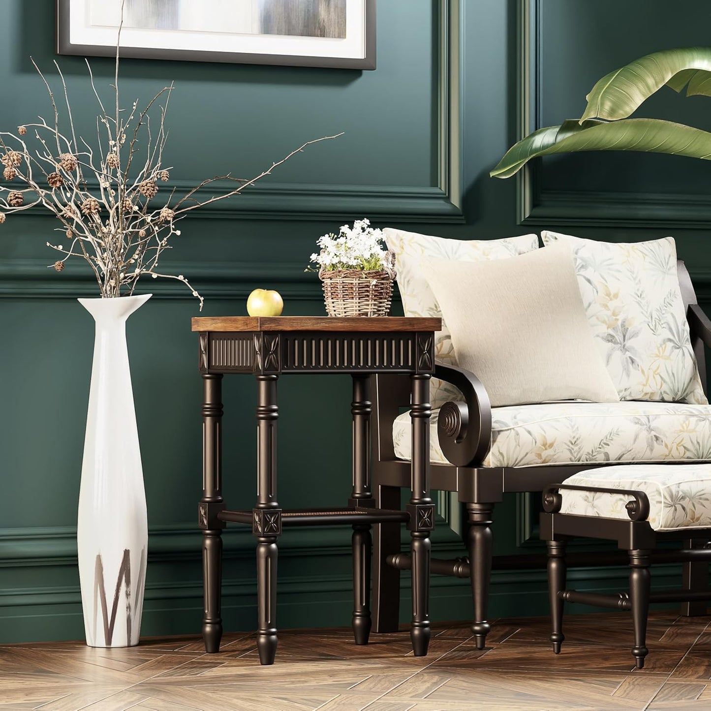 Rustic Farmhouse Cottagecore Accent End Table Set of 2, Distressed Accent Side Table with Espresso Tray Top and Woven Wicker Shelf, Boho, French Country Decor, Square, Weathered Brown & Black