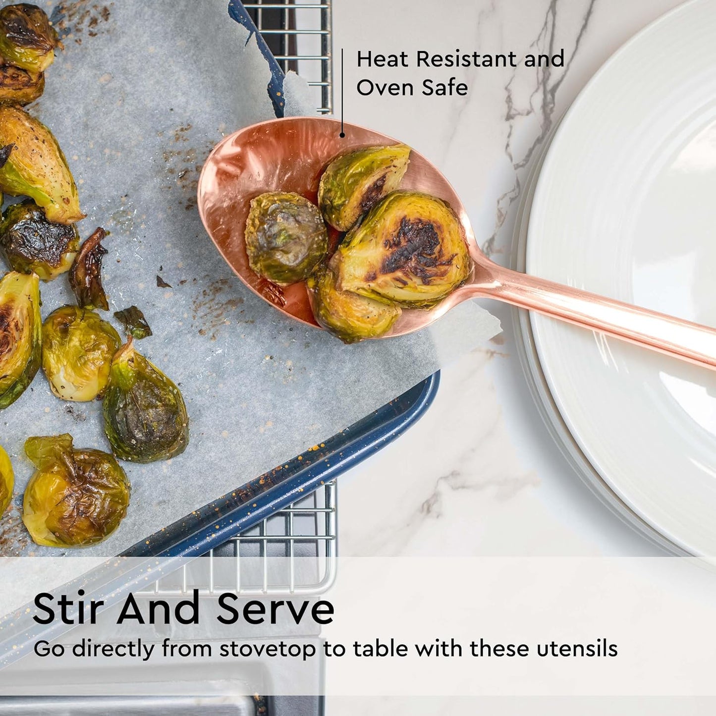 Copper Cooking Utensils Set – 5-Piece Rose Gold Stainless Steel Kitchen Tools for Cooking and Serving Includes Ladle, Spoon, Pasta Fork, Spatula, and Skimmer – Stylish Copper Kitchen Accessories