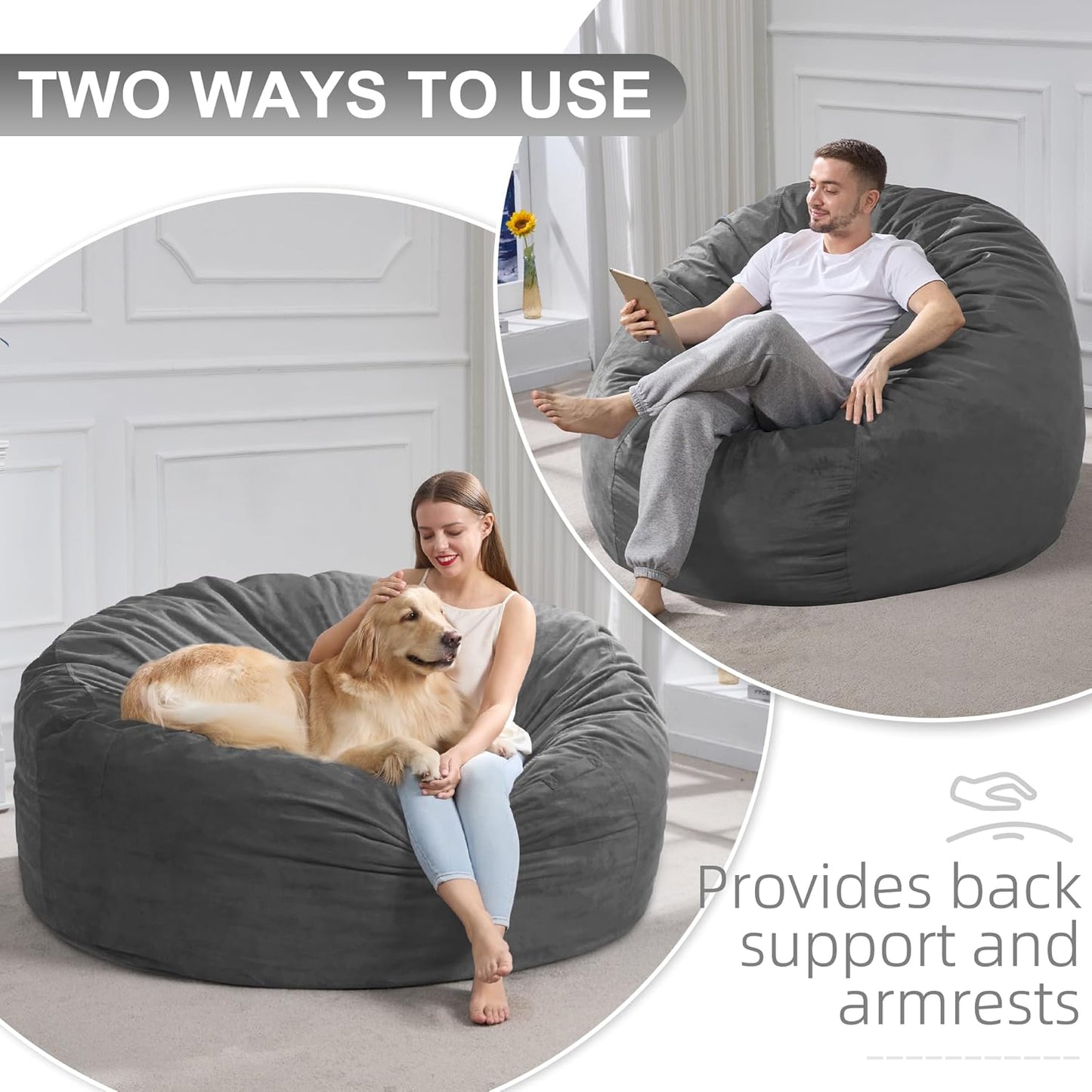 Hobestluk 5FT Bean Bag Chair Giant Bean Bag Chairs for Adults Large Bean Chairs with Removable Cover, Beanbag Chair with Filler, Adult Bean Bag Chairs for Living Room, Bedroom