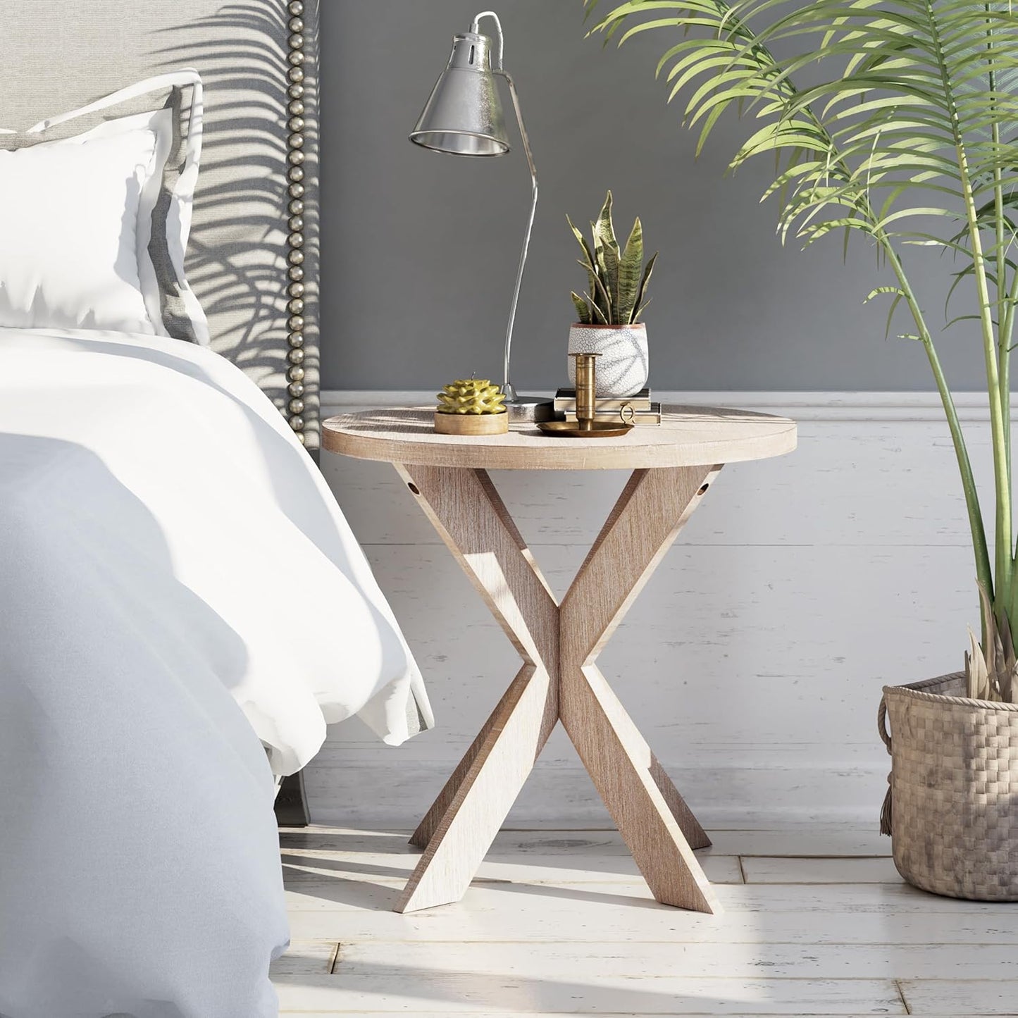 Rustic Farmhouse End Table with Storage Shelf, French Country Accent Side for Family, Dinning or Living Room, Small Spaces, Modern, Round, Vintage Blue Finish, Curved Leg