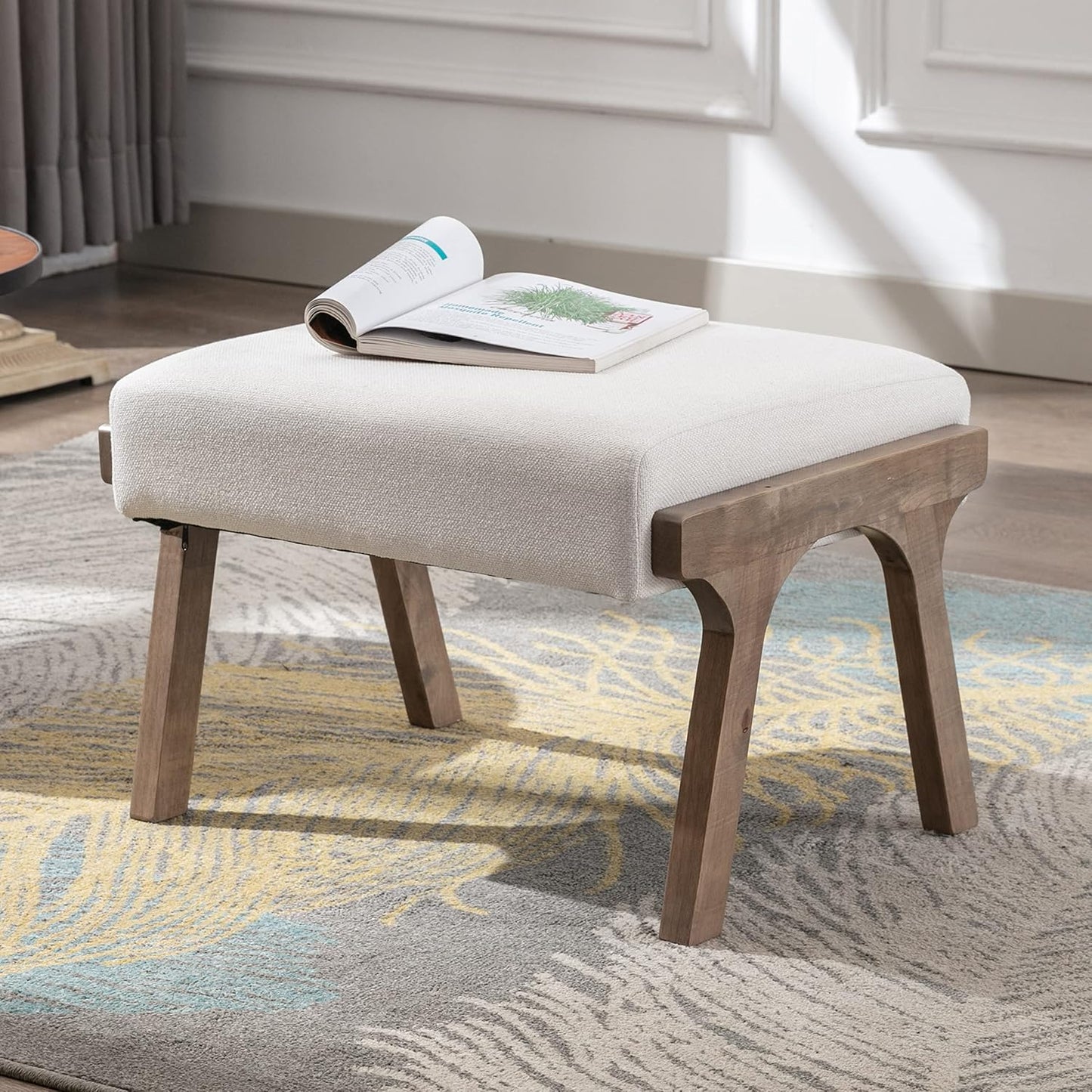 chairus 2 Sets Mid-Century Modern Accent Chairs with Ottoman, Linen Fabric Armchair with Wood Legs Comfy Upholstered Single Sofa Chair for Living Room/Bedroom/Lounge, White