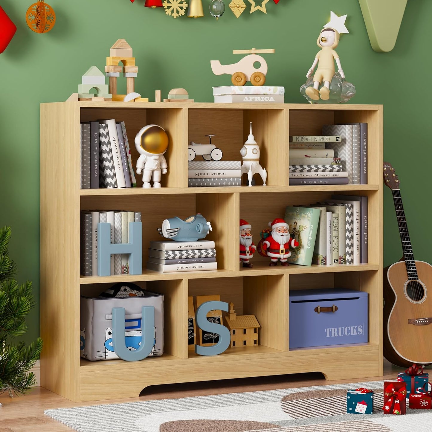 Book Shelf, 8 Cubes Storage Organizer, 3-Tier Open Shelf Wooden Bookcase, Freestanding Log Bookshelf Cube Shelf for Bedroom, Living Room, Home Office