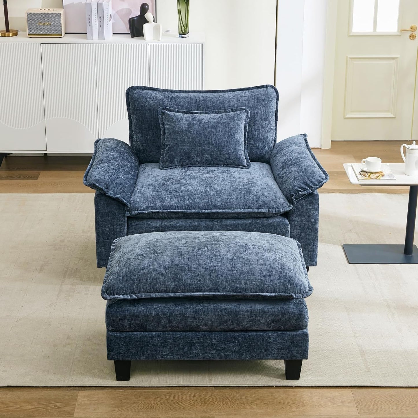 URRED Modular Sectional Sofa Comfy Cloud Couch, Modern Chenille Sofa Sleeper Deep Seat Couches with Ottoman/Pillows for Living Room (Blue, 53''- Ottoman)