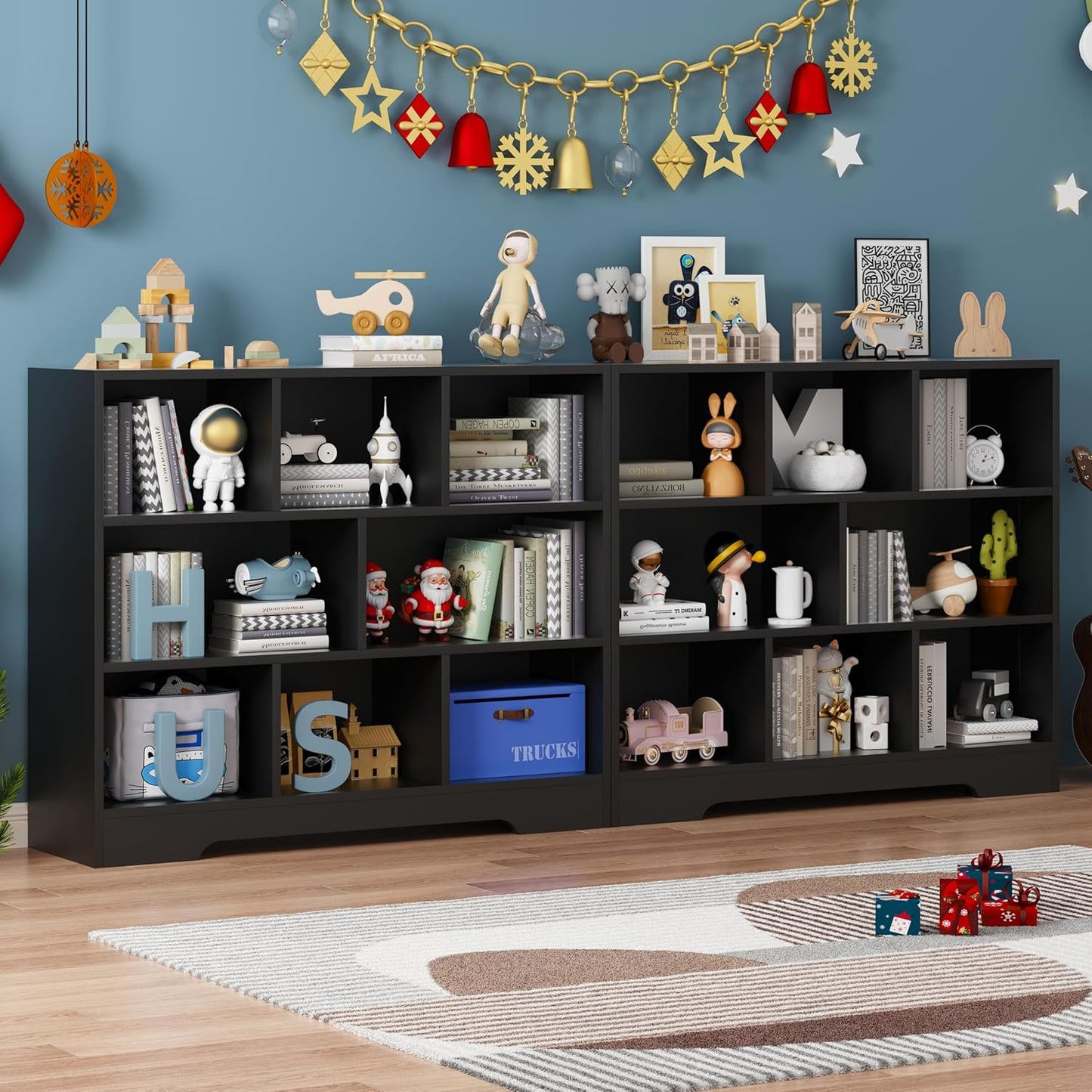 Book Shelf Set of 2, 8 Cubes Storage Organizer, Freestanding Balck Bookshelf Cube Shelf for Bedroom, Living Room, Home Office, 3-Tier Open Bookshelf Wooden Bookcase