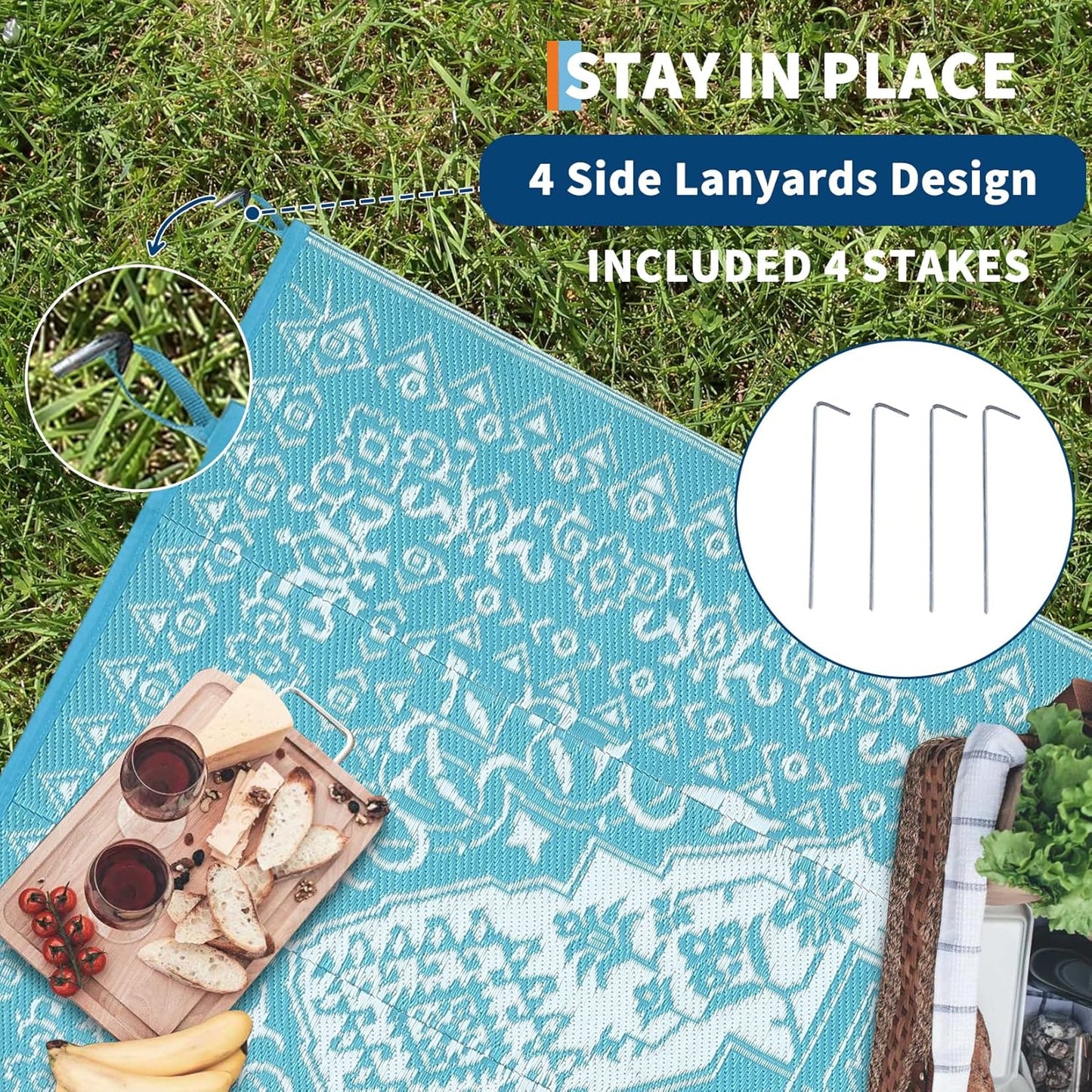 GAOMON Outdoor Rugs 8x10 Waterproof Reversible Outdoor Plastic Straw Rug, Large Patio Rugs UV-Resistant Portable RV Camping Mats, Vintage Boho Carpet for Deck Porch Garden, Light Blue & White